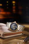 London Fog Richmond Collection Automatic Mechanical Skeleton Watch for Men – Two-Tone Silver & Gold Stainless Steel Bracelet, Black See-Through Dial, British Design Wristwatch - LFM10024-55