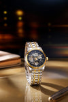 London Fog Richmond Collection Automatic Mechanical Skeleton Watch for Men – Two-Tone Silver & Gold Stainless Steel Bracelet, Black See-Through Dial, British Design Wristwatch - LFM10024-55