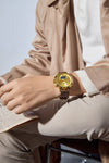 London Fog Analog-Digital Quartz Watch for Men with Gold Round Dial, Digital Day-Date and Time Display, Hands and Hour Markers and Brown Leather Strap - LFM10022-05