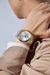 London Fog Analog Quartz Watch for Men with Silver Round Dial, Retrograde Date Display, 24-Hour Day-Night Indicator, Luminous Hands & Hour Markers and Two-Tone Silver & Gold Stainless Steel Bracelet - LFM10021-44
