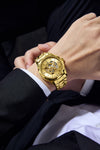 London Fog Berkeley Collection Automatic Mechanical Skeleton Watch for Men – Gold Stainless Steel Strap, Faceted Crystal Bezel, Gold Skeleton Dial, British Design Wristwatch - LFM10025-44