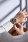 London Fog Analog Quartz Watch for Men with Black Round Skeleton-Style Dial, Textured Bezel, Luminous Hands and Markers, Date Display, Silver & Gold Two-Tone Stainless Steel Bracelet - LFM10016-44