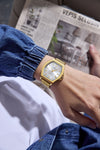 London Fog Notting Hill Collection Analog Watch for Men with Tonneau Silver Dial, Roman Numeral Markers, Quartz Movement and Gold Stainless Steel Mesh Strap - LFM10012-11