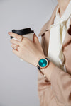 London Fog Analog Quartz Watch for Women with Turquoise Blue Round Dial, Roman Numeral Hour Markers, Crystal-Studded Bezel and Black Leather Strap - LFW20007-01