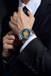 London Fog Berkeley Collection Automatic Mechanical Skeleton Watch for Men – Two-Tone Silver & Gold Strap, Faceted Crystal Bezel, Blue Skeleton Dial, British Design Wristwatch - LFM10025-22