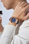 London Fog Analog Quartz Watch for Men with Blue Textured Square Dial, Day-Date Display, Luminous Hands and Hour Markers and Blue Leather Strap - LFM10019-04