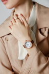 London Fog Analog Quartz Watch for Women with White Round Dial, Roman Numeral Hour Markers, Crystal-Studded Bezel and Brown Leather Strap - LFW20007-04