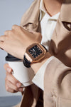 London Fog Analog Quartz Watch for Men with Black Textured Square Dial, Day-Date Display, Luminous Hands and Hour Markers and Black Leather Strap - LFM10019-01