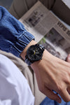 London Fog Collection Analog Watch for Men with Round Black Dial, Minimal Stick Markers, Quartz Movement and Black/Gray Leather Strap - LFM10013-01