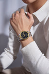 London Fog Analog Quartz Watch for Men with White Textured Round Dial, Day-Date Display, Roman Numeral and Crystal-Accent Hour Markers, Two-Tone Silver & Gold Stainless Steel Bracelet - LFM10017-22