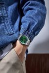 London Fog Notting Hill Collection Analog Watch for Men with Tonneau Green Dial, Roman Numeral Markers, Quartz Movement and Silver Stainless Steel Mesh Strap - LFM10012-44