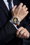 London Fog Berkeley Collection Automatic Mechanical Skeleton Watch for Men – Two-Tone Silver & Gold Strap , Faceted Crystal Bezel, Black Skeleton Dial, British Design Wristwatch - LFM10025-11
