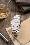 London Fog Analog Quartz Watch for Men with White Textured Round Dial, Day-Date Display, Roman Numeral and Crystal-Accent Hour Markers, Two-Tone Silver & Rose Gold Stainless Steel Bracelet - LFM10017-33