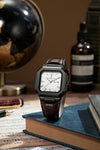 London Fog Analog Quartz Watch for Men with White Textured Square Dial, Day-Date Display, Luminous Hands and Hour Markers and Brown Leather Strap - LFM10019-03