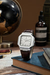 London Fog Analog Quartz Watch for Men with White Textured Square Dial, Day-Date Display, Luminous Hands and Hour Markers and Brown Leather Strap - LFM10019-05