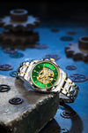 London Fog Berkeley Collection Automatic Mechanical Skeleton Watch for Men – Two-Tone Silver & Gold Strap, Faceted Crystal Bezel, Green Skeleton Dial, British Design Wristwatch - LFM10025-33