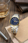 London Fog Analog Quartz Watch for Men with Blue Textured Round Dial, Day-Date Display, Roman Numeral and Crystal-Accent Hour Markers, Two-Tone Silver & Gold Stainless Steel Bracelet - LFM10017-55