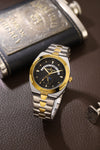London Fog Analog Quartz Watch for Men with Black Round Dial, Retrograde Date Display, 24-Hour Day-Night Indicator, Luminous Hands & Hour Markers and Two-Tone Silver & Gold Stainless Steel Bracelet - LFM10021-11