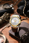 London Fog Analog Quartz Watch for Men with Silver Round Dial, Day-Date Display, Hands and Hour Markers and Brown Leather Strap - LFM10023-05