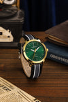 London Fog Collection Analog Watch for Men with Round Green Dial, Minimal Stick Markers, Quartz Movement and Grey/Black Leather Strap - LFM10013-03