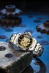 London Fog Berkeley Collection Automatic Mechanical Skeleton Watch for Men – Two-Tone Silver & Gold Strap , Faceted Crystal Bezel, Black Skeleton Dial, British Design Wristwatch - LFM10025-11