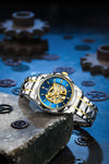London Fog Berkeley Collection Automatic Mechanical Skeleton Watch for Men – Two-Tone Silver & Gold Strap, Faceted Crystal Bezel, Blue Skeleton Dial, British Design Wristwatch - LFM10025-22