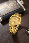 London Fog Analog Quartz Watch for Men with Gold Round Dial, Retrograde Date Display, 24-Hour Day-Night Indicator, Luminous Hands & Hour Markers and Gold Stainless Steel Bracelet - LFM10021-55