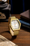 London Fog Notting Hill Collection Analog Watch for Men with Tonneau Silver Dial, Roman Numeral Markers, Quartz Movement and Gold Stainless Steel Mesh Strap - LFM10012-11