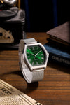 London Fog Notting Hill Collection Analog Watch for Men with Tonneau Green Dial, Roman Numeral Markers, Quartz Movement and Silver Stainless Steel Mesh Strap - LFM10012-44