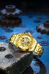 London Fog Berkeley Collection Automatic Mechanical Skeleton Watch for Men – Gold Stainless Steel Strap, Faceted Crystal Bezel, Gold Skeleton Dial, British Design Wristwatch - LFM10025-44