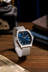 London Fog Notting Hill Collection Analog Watch for Men with Tonneau Blue Dial, Roman Numeral Markers, Quartz Movement and Silver Stainless Steel Mesh Strap - LFM10012-55