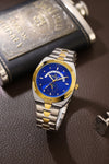 London Fog Analog Quartz Watch for Men with Blue Round Dial, Retrograde Date Display, 24-Hour Day-Night Indicator, Luminous Hands & Hour Markers and Two-Tone Silver & Gold Stainless Steel Bracelet - LFM10021-33