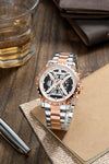 London Fog Analog Quartz Watch for Men with Silver Round Skeleton-Style Dial, Textured Bezel, Luminous Hands and Markers, Date Display, Silver & Rose Gold Two-Tone Stainless Steel Bracelet - LFM10016-33
