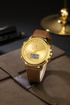 London Fog Analog-Digital Quartz Watch for Men with Gold Round Dial, Digital Day-Date and Time Display, Hands and Hour Markers and Brown Leather Strap - LFM10022-05