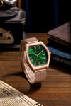 London Fog Notting Hill Collection Analog Watch for Men with Tonneau Green Dial, Roman Numeral Markers, Quartz Movement and Rose Gold Stainless Steel Mesh Strap - LFM10012-33