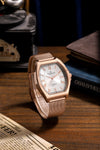 London Fog Notting Hill Collection Analog Watch for Men with Tonneau Silver Dial, Roman Numeral Markers, Quartz Movement and Rose Gold Stainless Steel Mesh Strap - LFM10012-22