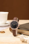 London Fog Analog Quartz Watch for Women with Black Round Dial, Roman Numeral Hour Markers, Crystal-Studded Bezel and Brown Leather Strap - LFW20007-05