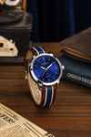 London Fog Collection Analog Watch for Men with Round Blue Dial, Minimal Stick Markers, Quartz Movement and Brown/Blue Leather Strap - LFM10013-02