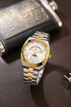 London Fog Analog Quartz Watch for Men with Silver Round Dial, Retrograde Date Display, 24-Hour Day-Night Indicator, Luminous Hands & Hour Markers and Two-Tone Silver & Gold Stainless Steel Bracelet - LFM10021-44