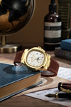 London Fog Analog Quartz Watch for Men with White Textured Cushion-Shaped Dial, Date Display, 24-Hour Day-Night Indicator, Luminous Hands & Hour Markers and Brown Silicone Strap - LFM10018-05