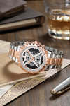 London Fog Analog Quartz Watch for Men with Silver Round Skeleton-Style Dial, Textured Bezel, Luminous Hands and Markers, Date Display, Silver & Rose Gold Two-Tone Stainless Steel Bracelet - LFM10016-33