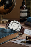 London Fog Analog Quartz Watch for Men with White Textured Square Dial, Day-Date Display, Luminous Hands and Hour Markers and Brown Leather Strap - LFM10019-05