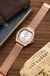London Fog Notting Hill Collection Analog Watch for Men with Tonneau Silver Dial, Roman Numeral Markers, Quartz Movement and Rose Gold Stainless Steel Mesh Strap - LFM10012-22