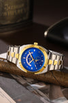 London Fog Analog Quartz Watch for Men with Blue Round Dial, Retrograde Date Display, 24-Hour Day-Night Indicator, Luminous Hands & Hour Markers and Two-Tone Silver & Gold Stainless Steel Bracelet - LFM10021-33