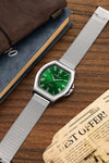 London Fog Notting Hill Collection Analog Watch for Men with Tonneau Green Dial, Roman Numeral Markers, Quartz Movement and Silver Stainless Steel Mesh Strap - LFM10012-44