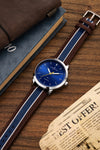 London Fog Collection Analog Watch for Men with Round Blue Dial, Minimal Stick Markers, Quartz Movement and Brown/Blue Leather Strap - LFM10013-02