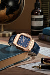 London Fog Analog Quartz Watch for Men with Blue Textured Square Dial, Day-Date Display, Luminous Hands and Hour Markers and Blue Leather Strap - LFM10019-04