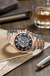 London Fog Analog Quartz Watch for Men with Black Round Skeleton-Style Dial, Textured Bezel, Luminous Hands and Markers, Date Display, Silver & Rose Gold Two-Tone Stainless Steel Bracelet - LFM10016-22