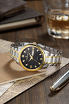 London Fog Analog Quartz Watch for Men with White Textured Round Dial, Day-Date Display, Roman Numeral and Crystal-Accent Hour Markers, Two-Tone Silver & Gold Stainless Steel Bracelet - LFM10017-22