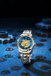 London Fog Berkeley Collection Automatic Mechanical Skeleton Watch for Men – Two-Tone Silver & Gold Strap, Faceted Crystal Bezel, Blue Skeleton Dial, British Design Wristwatch - LFM10025-22